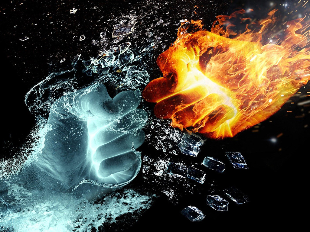 Hands representing fire and ice colliding