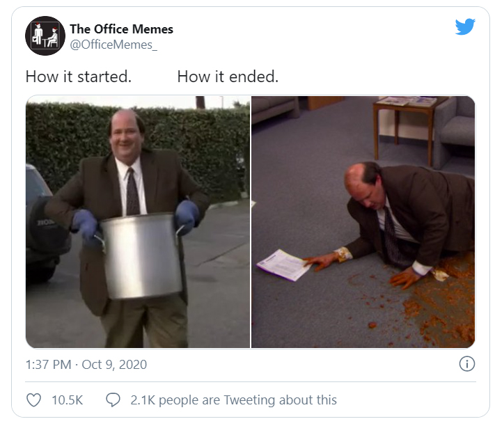 Screenshot of an OfficeMemes tweet with a meme of Kevin from The Office TV show